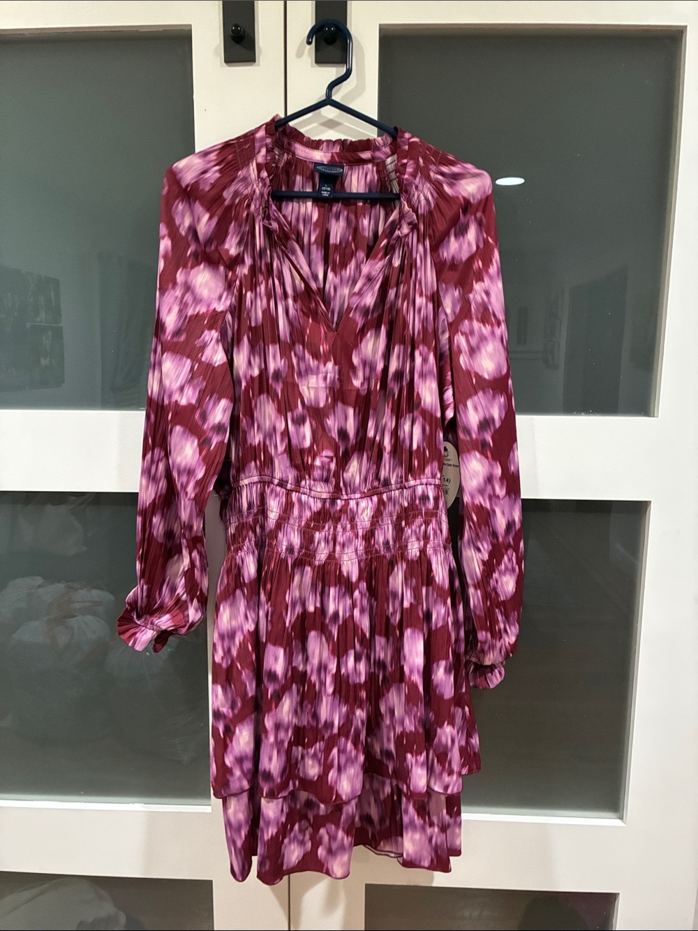 Long Sleeve Pink Patterned Tiered Dress with Smocked Waist